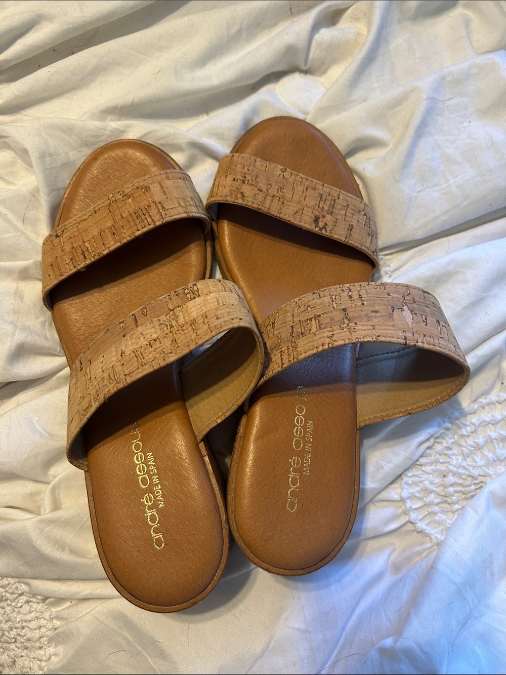 Andre Assous Tan Cork Double-Band Slide Sandals
